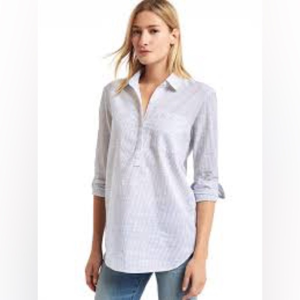 Signature Pinstripe Striped Blouse Popover Tunic Button Front Pocket Collared XS